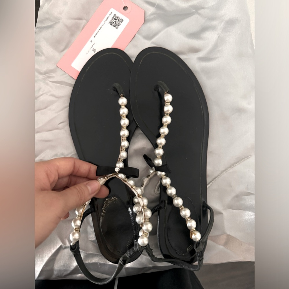 RENE' CAOVILLA Pearls & rhinestone sandals w black bow detail